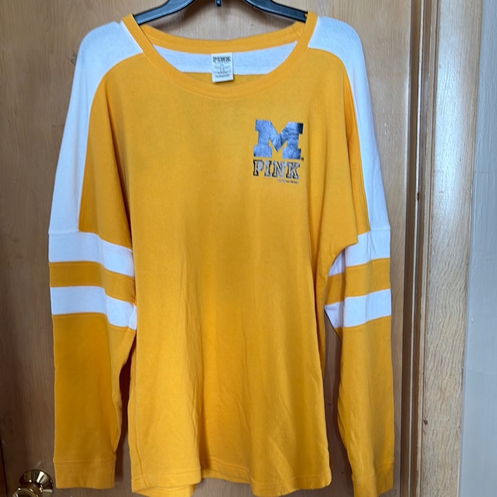 Michigan sweatshirt. Block M front & Michigan back w/blue sequins. Good shape.